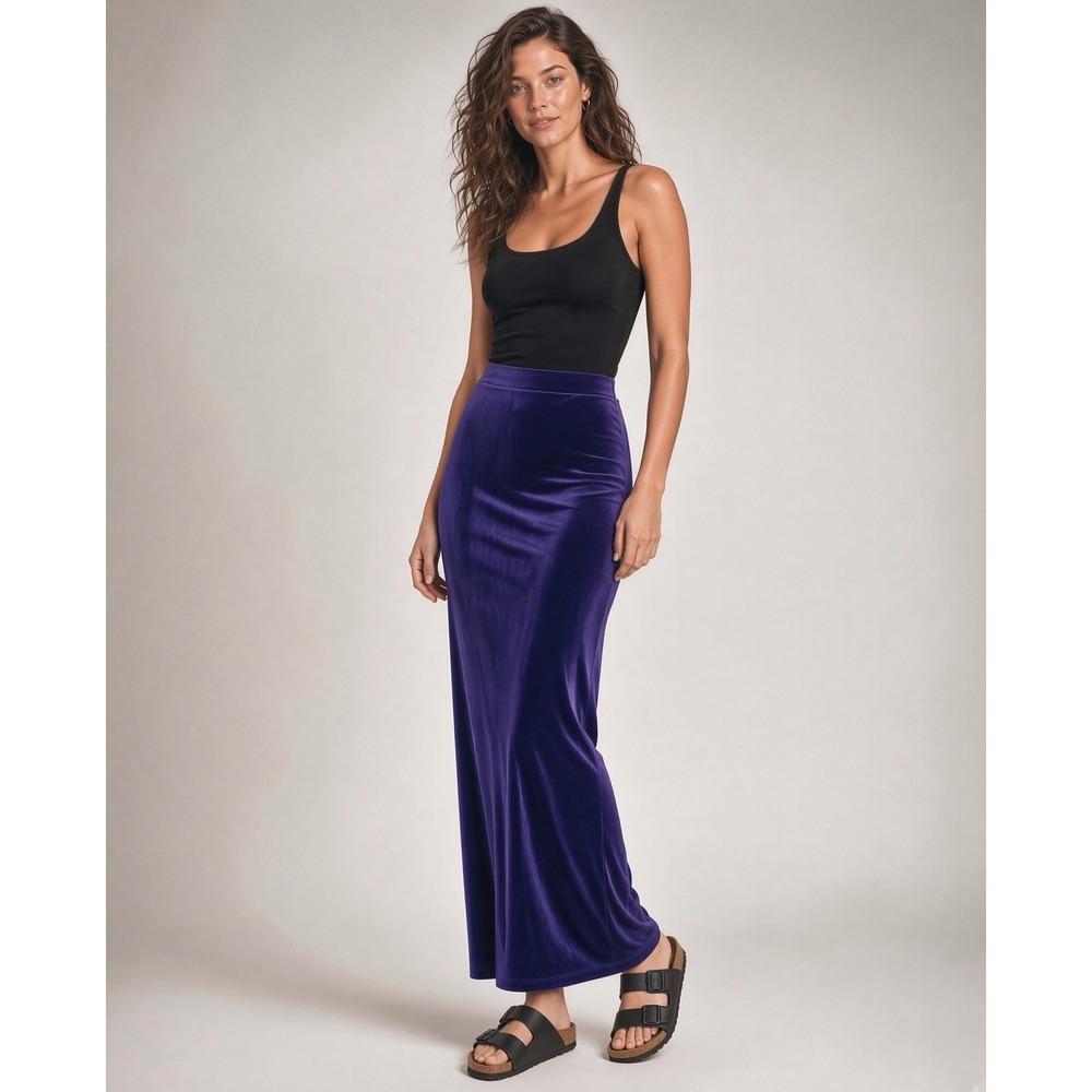 Chico's Travelers Navy Blue Slinky Maxi Skirt Vintage 90s Size 2 Large Packable